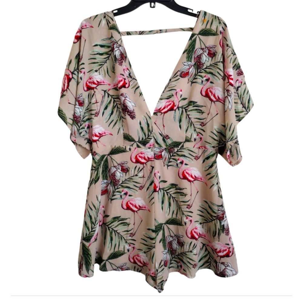 Forever 21 Flamingo Print Beige Multicolor Backless Romper Size Large